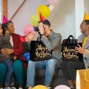 Birthday Gift Bag with Gold Stars – Reusable Black Tote
