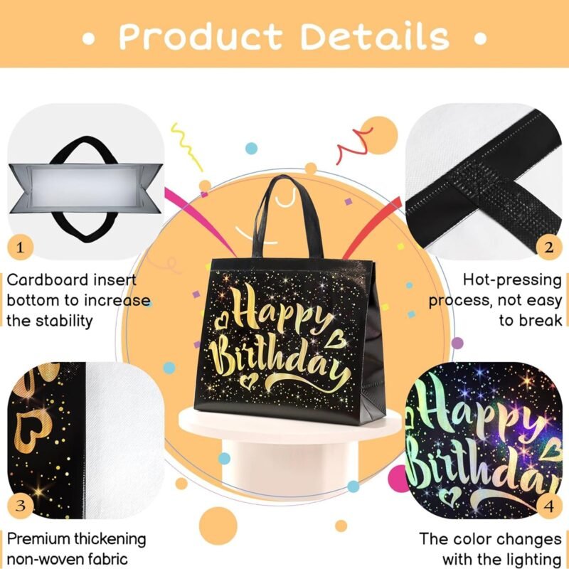 Birthday Gift Bag with Gold Stars – Reusable Black Tote