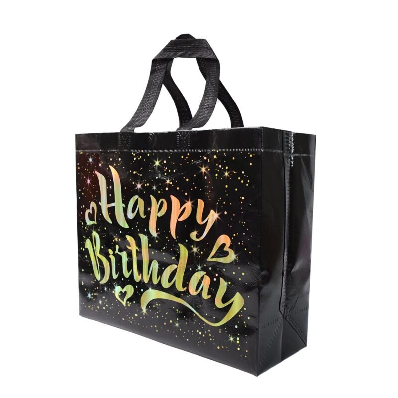 Birthday Gift Bag with Gold Stars – Reusable Black Tote