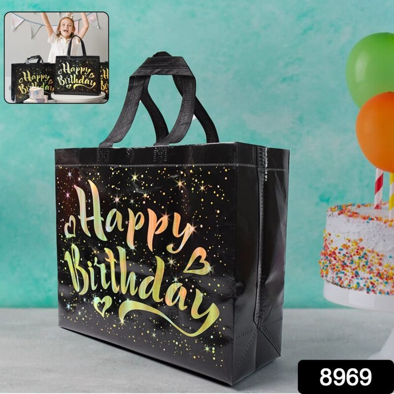 Birthday Gift Bag with Gold Stars – Reusable Black Tote